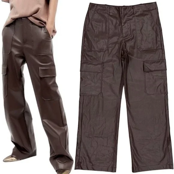 Zara High-Rise Faux Leather Cargo Trousers Pants in Dark Brown Women’s Size  L